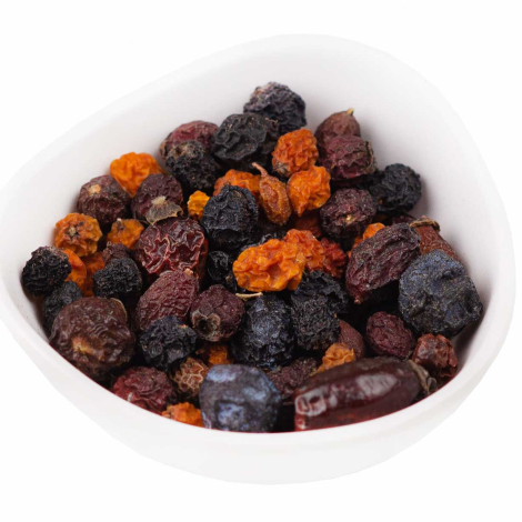 Berry Forest Mix – dried berries including rosehip and elderberry in a white bowl