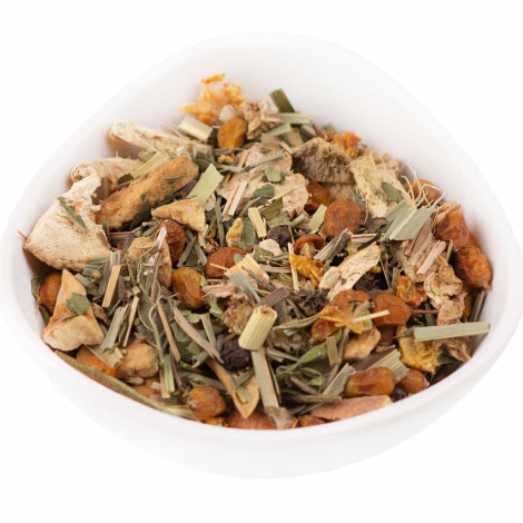 Ginger Citrus Wellness Tea – ginger root, citrus peel and herbs in a bowl