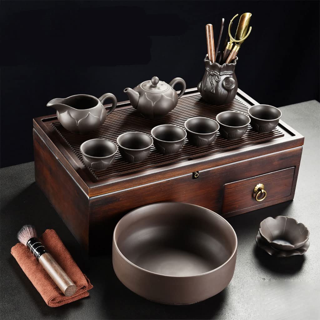 Complete Zisha clay tea ceremony set with teapot, cups and wooden tray with storage drawer
