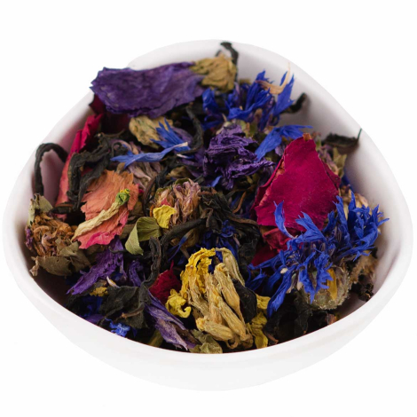 Spring Petal Blend – dried cornflower, rose petals and violet flowers in a white bowl