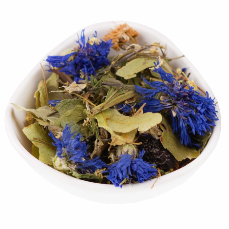 Cornflower & Bilberry Herbal – blue cornflowers and bilberry leaves in a bowl