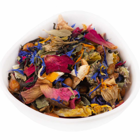 Garden Ceremony Blend – multi-floral tea with rose petals and cornflower in a bowl